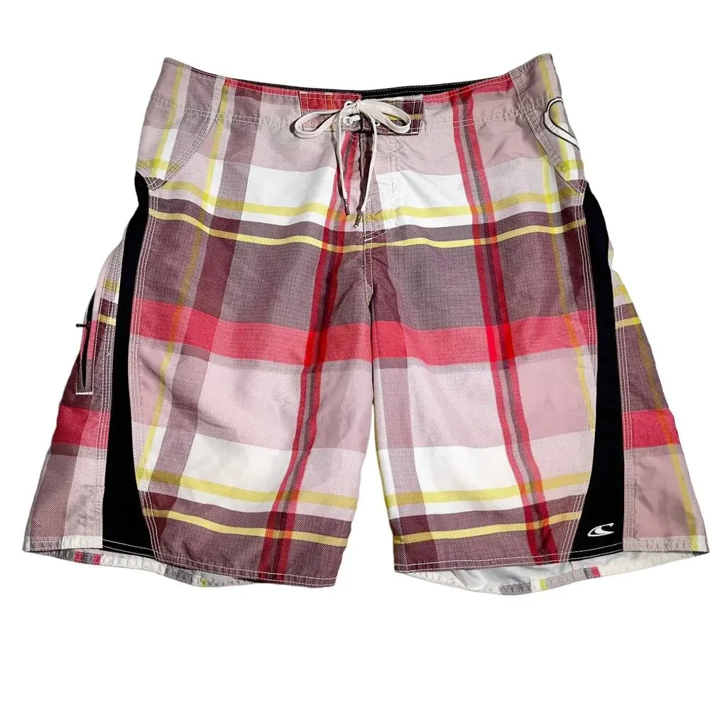 O'Neill Plaid Boardshorts Men's 37W Zip Side Pocket Hook & Loop &Tie String